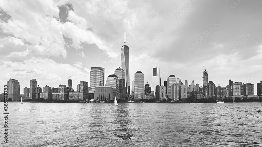Black and white panoramic picture of New York City Hudson River waterfront, USA.