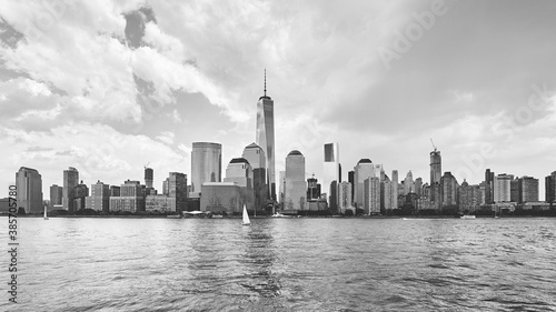 Black and white panoramic picture of New York City Hudson River waterfront, USA.