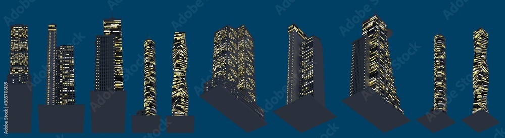 Fototapeta premium 3d illustration of architecture - various fictional architecture at night time with lights turned on - isolated on dark blue, bottom view