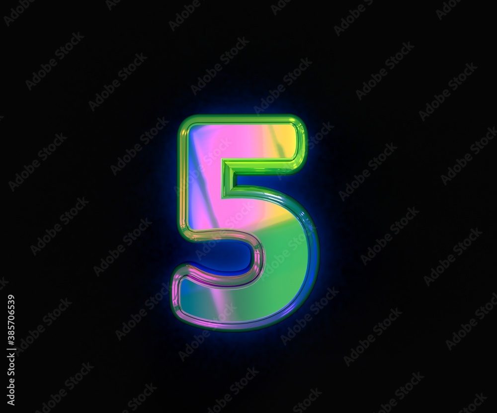 Colorful dichroic alphabet - number 5 isolated on grey, 3D illustration of symbols Colorful dichroic alphabet - number 5 isolated on grey, 3D illustration of symbols