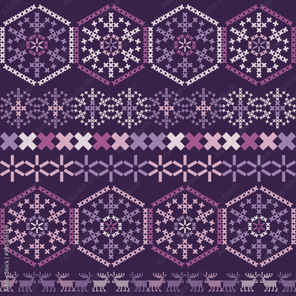 Fototapeta premium Christmas cross-stitch. Seamless pattern. Holiday fabric. Vector illustration for web design or print.