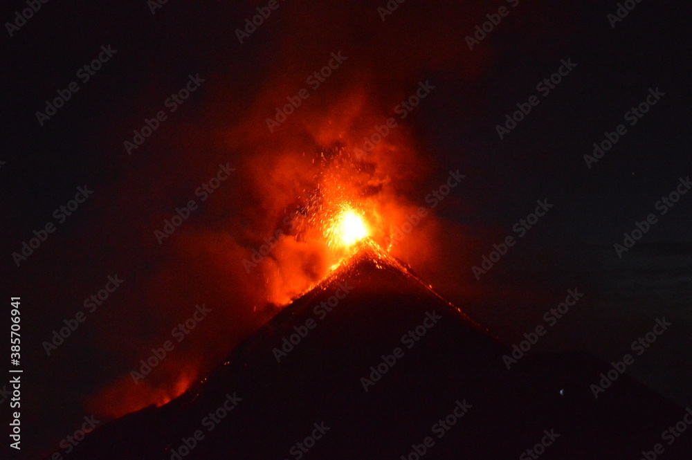 Sunrise hiking and camping on the active Volcan Acatenango with a view to the volcano Fuego eruption - Guatemala Sunrise hiking and camping on the active Volcan Acatenango with a view to the volcano Fuego eruption - Guatemala