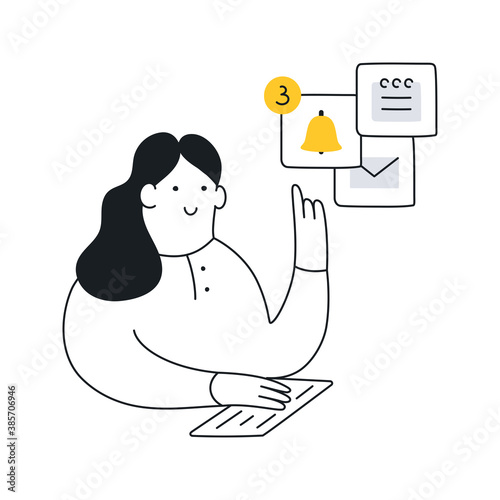 Multitasking woman at the workplace. Checking mail, notifications, reminders, schedule, working at the computer. Clean modern elegant vector illustration on white