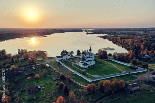 landscape of ferapontov monastery autumn, top view drone, orthodox church of vologda photo