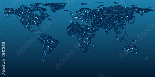 Dark Blue World Map Showing Communication Networks - Abstract Background Illustration, Vector