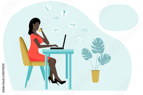 Black business woman working on a laptop at the table. Office work, freelance. Flat style, vector illustration