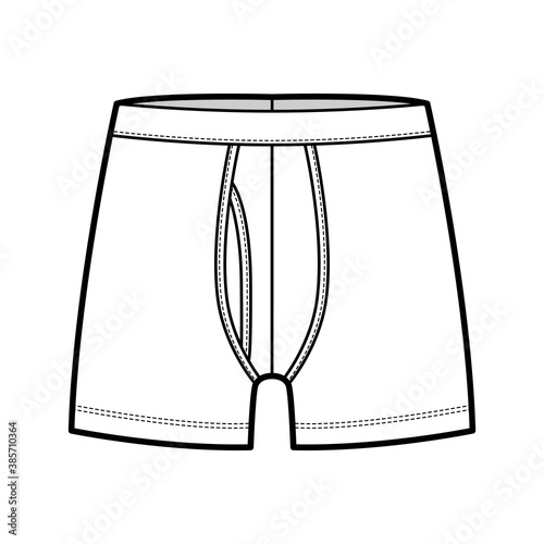 Boxer briefs underwear technical fashion illustration with elastic waistband, Athletic-style skin-tight. Flat trunks Underpants lingerie template front white color. Women men unisex CAD mockup