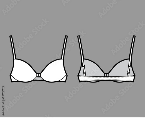 Bra front closure lingerie technical fashion illustration with full adjustable shoulder straps, molded cups. Flat brassiere template front back white color style. Women men unisex underwear CAD mockup