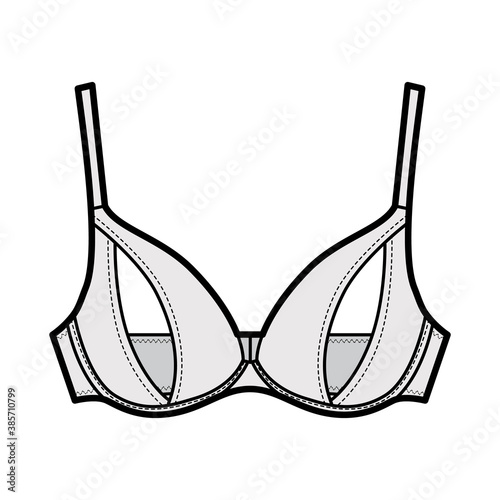 Peephole Bra lingerie technical fashion illustration with adjustable shoulder straps, Underwire, hook-and-eye closure. Flat brassiere template front, grey color style. Women men underwear CAD mockup