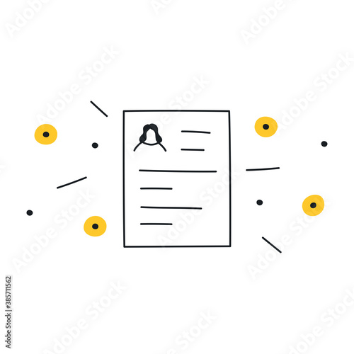 Linear minimal resume icon with a head of a job seeker on the CV blank. User review, vacant position. Line clean vector illustration on white.