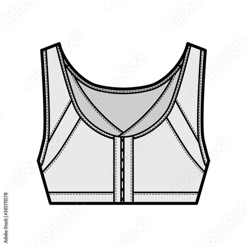Bra posture lingerie technical fashion illustration with wide adjustable shoulder straps, hook-and-eye closure. Flat brassiere template front grey color style. Women men unisex underwear CAD mockup