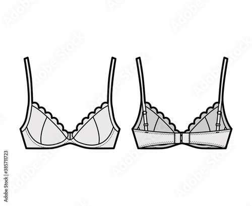 Bra scalloped cups lingerie technical fashion illustration with full adjustable straps, hook-and-eye closure. Flat brassiere template front back grey color style. Women men unisex underwear CAD mockup