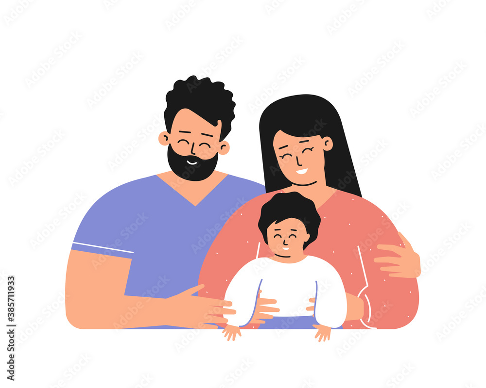 Vector isolated concept with flat cartoon characters. Happy latin family with young adult parents smiles. Handsome mother hugs her cute little child, bearded daddy cuddles them all. White background