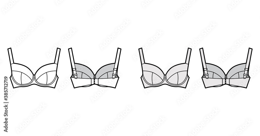 Bra full support lingerie technical fashion illustration with full  adjustable straps, hook-and-eye closure. Flat brassiere template front,  back white color style. Women men unisex underwear CAD mockup Stock Vector