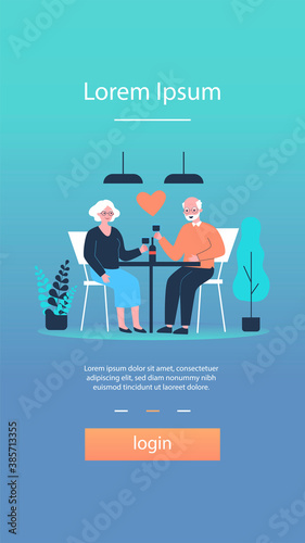 Happy senior couple date. Grey haired man and woman drinking wine, red heart flat vector illustration. Love, romance in any age, anniversary concept for banner, website design or landing web page © Bro Vector