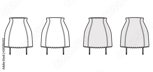 Gather skirt High Waist stretch lingerie technical fashion illustration with scalloped bottom. Flat template front, back white grey color style. Women men unisex underwear CAD mockup