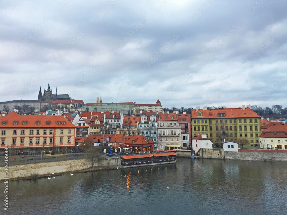 cityscape of Vltava River and Charles bridge from Old town in Prague, Czech Republic