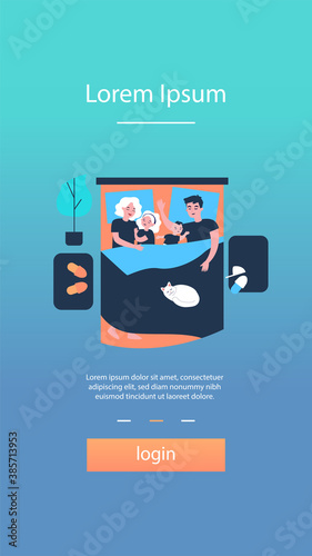 Kids sleeping in parents bed. Happy mom and dad lying and hugging asleep children. Family taking nap all together. Vector illustration for love, co-sleeping with child concept