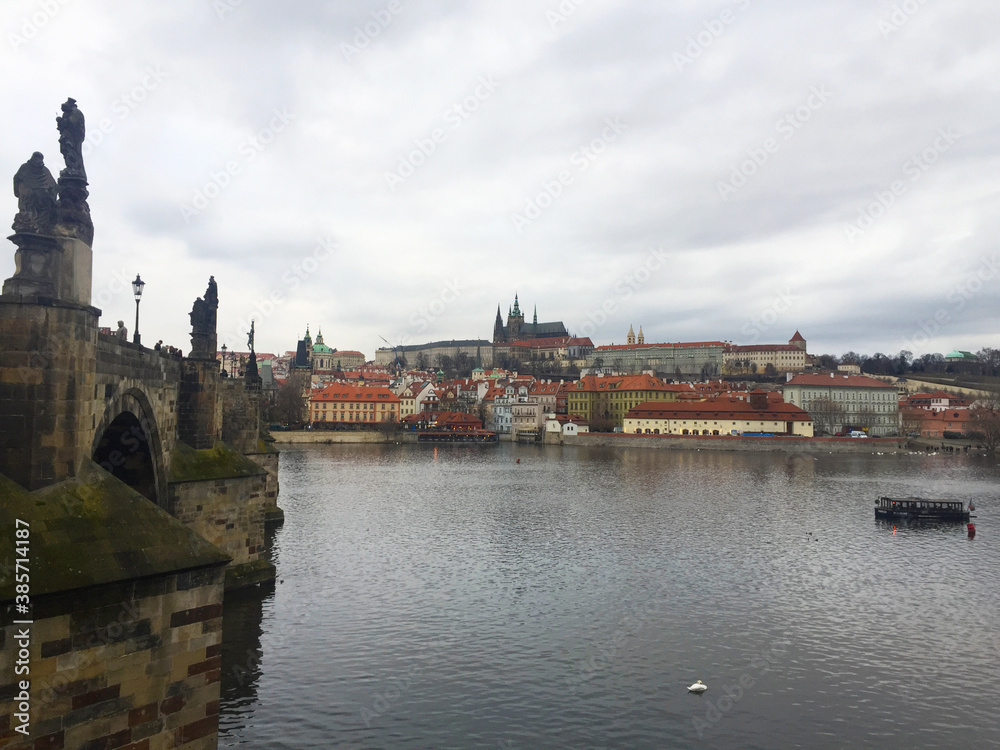 cityscape of Vltava River and Charles bridge from Old town in Prague, Czech Republic