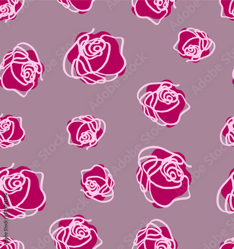 Abstract One Line Drawing Roses Repeating Vector Pattern Isolated Background