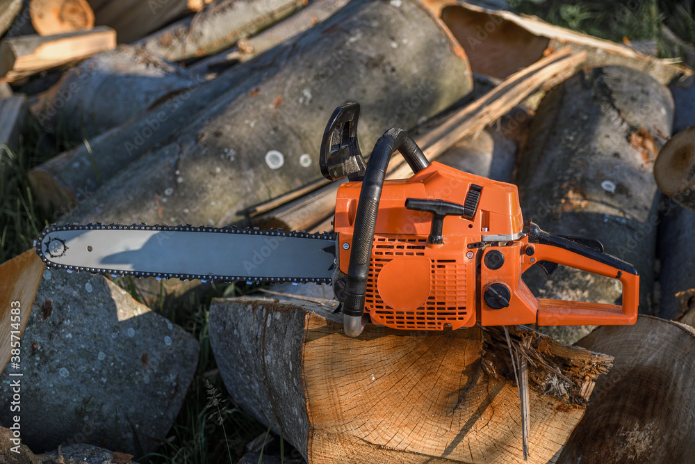 Chainsaw that stands on a heap of firewood in the yard on a background of firewood and trees cut by a chainsaw