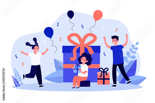 Girl accepting gifts from friends on her birthday. Present, holiday, celebration. Flat vector illustration. Birthday concept can be used for presentations, banner, website design, landing web page