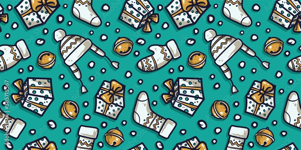 Naklejka premium Colored seamless pattern wallpaper with christmas clothes, gifts and bells for the new year holiday. Winter illustration mittens, hat and sock for december party design