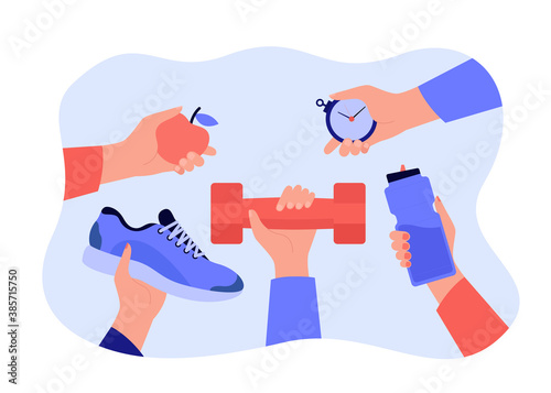 Different hands holding accessories for sport exercise flat vector illustration. Workout and training elements for banners. Wellness and healthy lifestyle concept