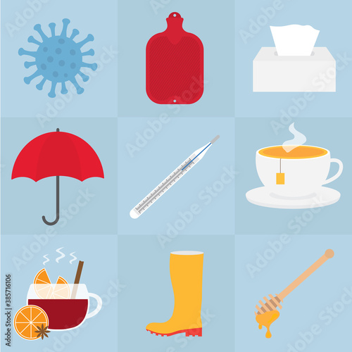 compositions of icons related to autumn cold, umbrella, rubber boots, thermometer, tea, mulled wine, honey, hot water bottle, tissues- vector illustration