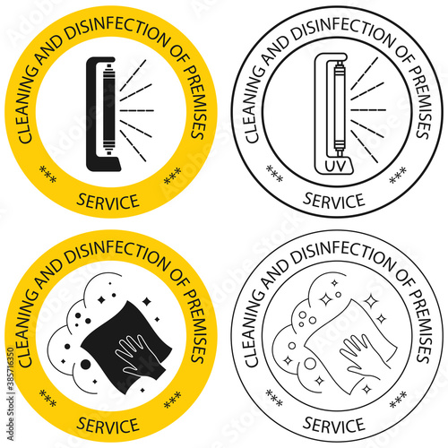 Disinfection of premises service. Sanitation at home. Housekeeping service. The concept of disinfection. Cleaning of all surface, icons. Sterile surface. Vector illustration