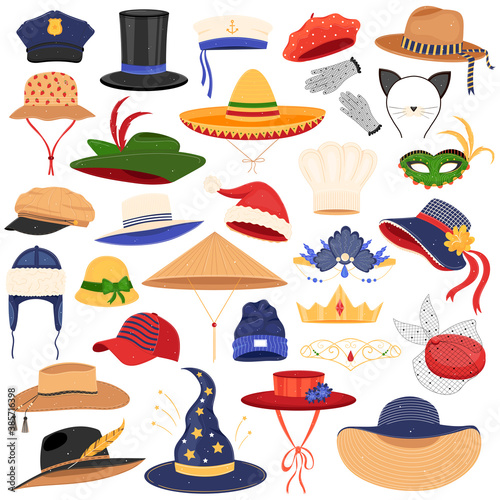 Hats clothes vector illustration set. Cartoon flat fashion accessory on man woman head collection with different profession headwears, fashionable classic headdress, summer hats isolated on white