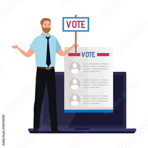 Vote paper and man with banner on laptop design, President election government and campaign theme Vector illustration