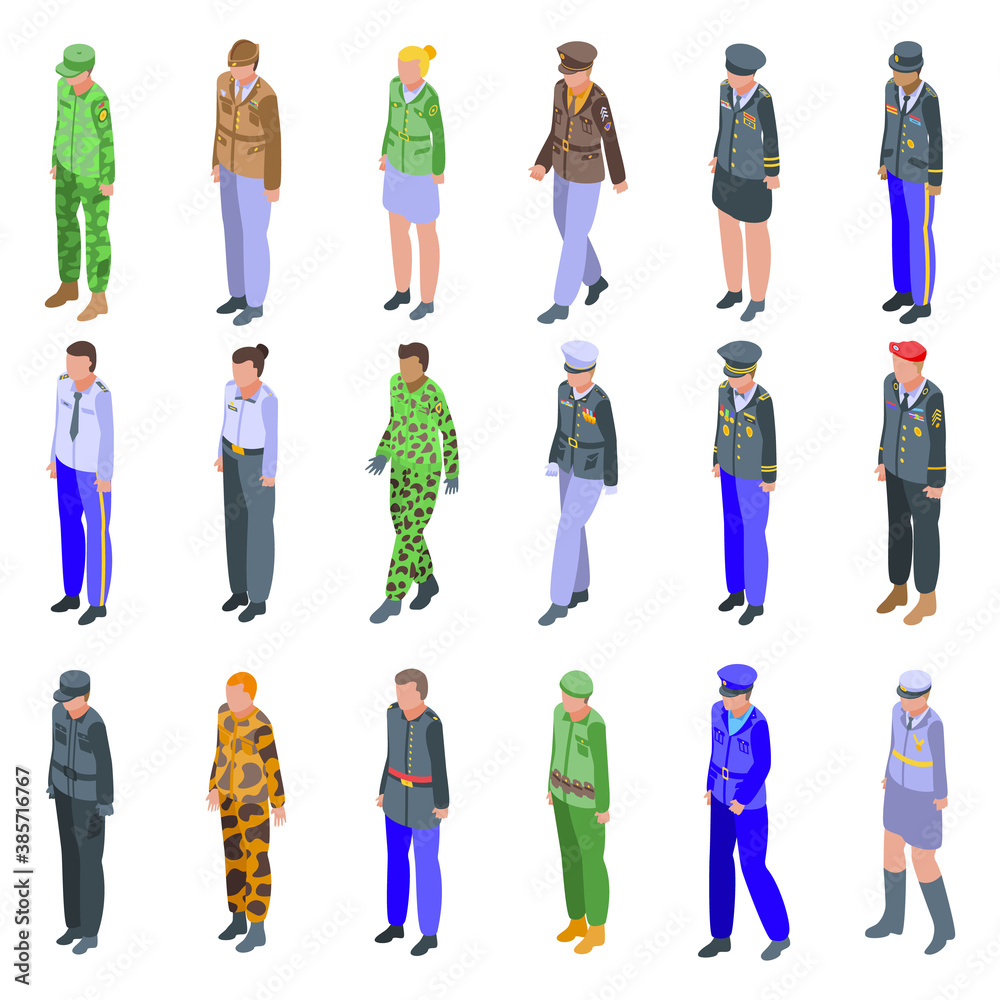 Fototapeta premium Military uniform icons set. Isometric set of military uniform vector icons for web design isolated on white background