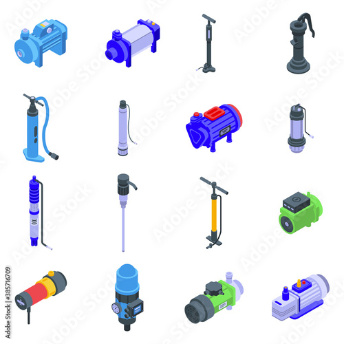 Pump icons set. Isometric set of pump vector icons for web design isolated on white background
