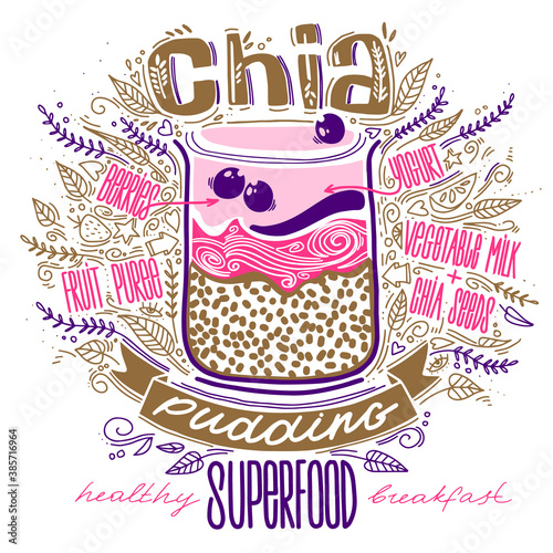 chia pudding in doodle style with lettering. breakfast superfood. hipsters dessert. healthy food concept lifestyle. chia seeds smoothie recipe.