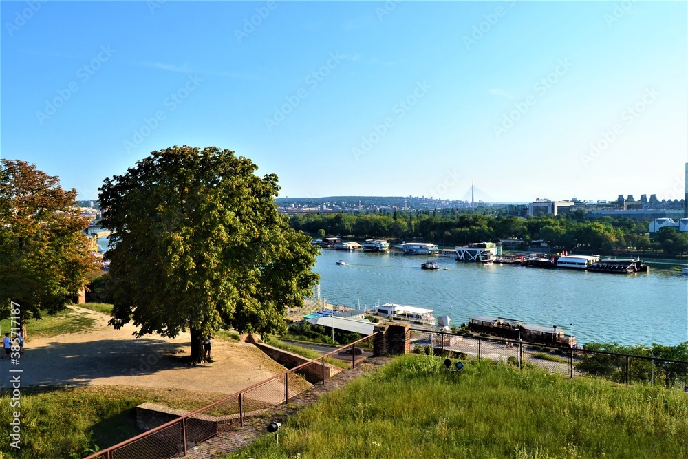 Beautiful Sava River, Belgrade. River Sava. Photo was taken from Belgrade Castle. Sunny day and ships in the Sava. 