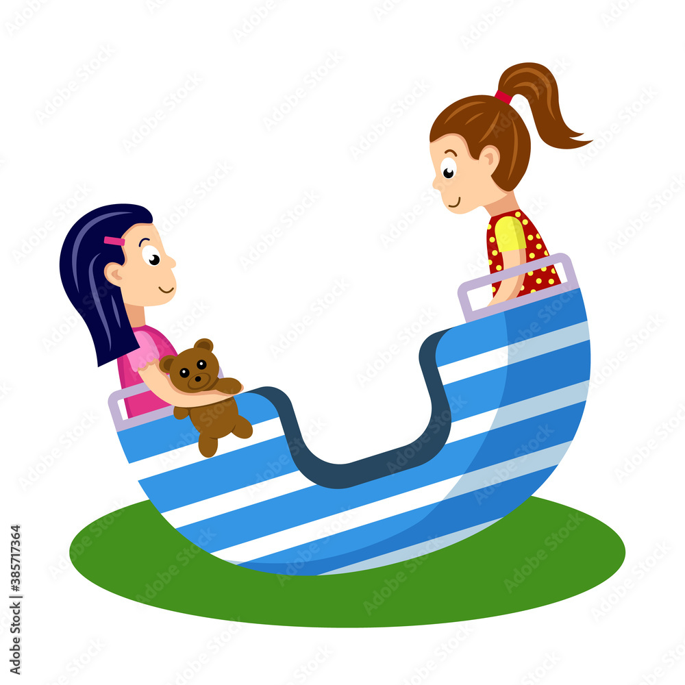 Kids, two girls ride a boat swing. Children on a swing isolated on ...