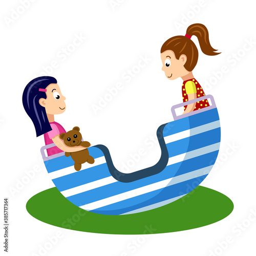 Kids, two girls ride a boat swing. Children on a swing isolated on white background. Cartoon flat vector illustration.
