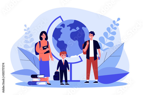 Parents sending their child to school. Learning, knowledge. Flat vector illustration. Educational concept can be used for presentations, banner, website design, landing web page