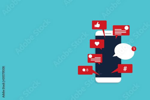 Viral content, social activity and smm - likes, shares and comments popping up on the mobile screen. 
