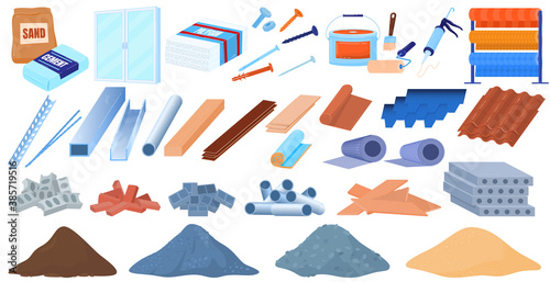 Building construction materials vector illustration set. Cartoon flat constructing industry collection with pile of cement sand brick gravel, industrial concrete slabs, builder tools isolated on white
