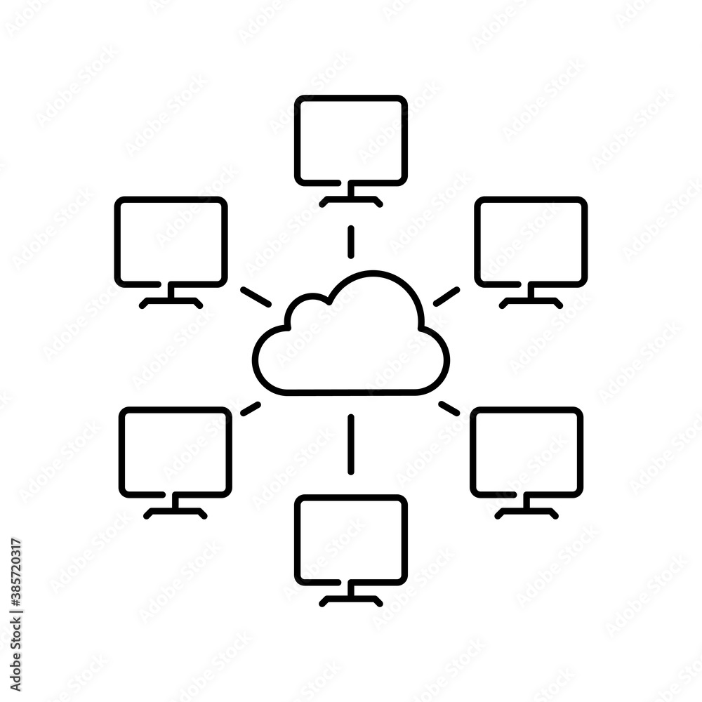 Network. Icono red de ordenadores conectados por líneas con nube en color negro Network. Icono red de ordenadores conectados por líneas con nube en color negro