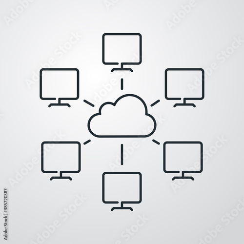 Network. Icono red de ordenadores conectados por líneas con nube en fondo gris