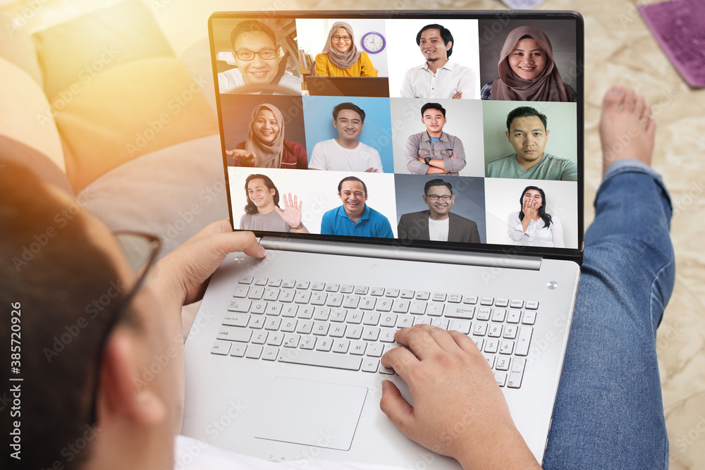 Teleconference during work from home due to coronavirus covid pandemic. Group video call shows people participated in online meeting, new normal. There are 6 people in this image.