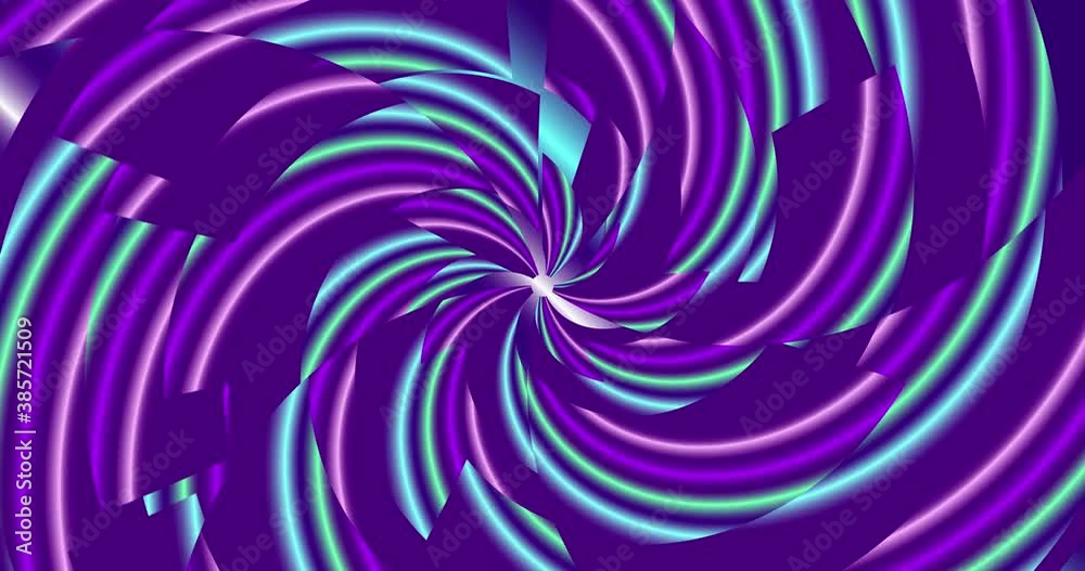 A spiral fractal of magenta, blue, green and lavender moves into the distance to the center of the frame, rotating counterclockwise A spiral fractal of magenta, blue, green and lavender moves into the distance to the center of the frame, rotating counterclockwise