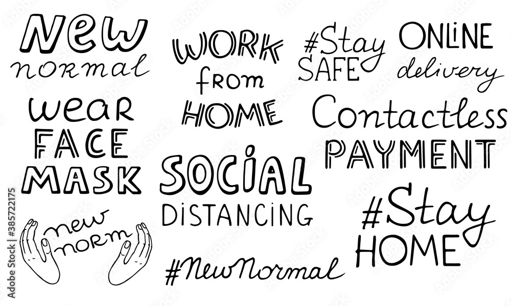 New normal lettering set. Hand drawn black phrase Social Distancing Wear Face Mask Stay Home Work from Home Online Delivery Contactless Payment. Stock vector illustration isolated on white background. New normal lettering set. Hand drawn black phrase Social Distancing Wear Face Mask Stay Home Work from Home Online Delivery Contactless Payment. Stock vector illustration isolated on white background.