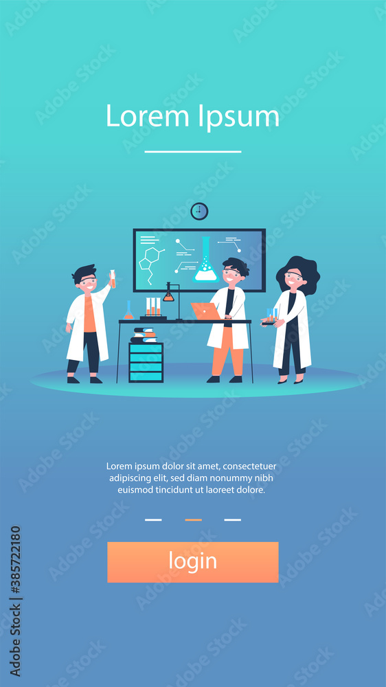 School children conducting chemical experiment in lab at chemistry class. Happy kids fond of science. Vector illustration for education, chemistry learning, school lab concept