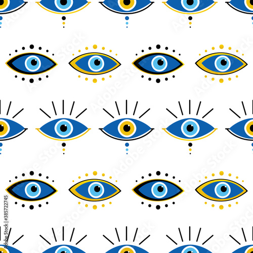 Vector seamless pattern background with conceptual decorative blue evil eyes symbols, nazar talismans, amulets.
