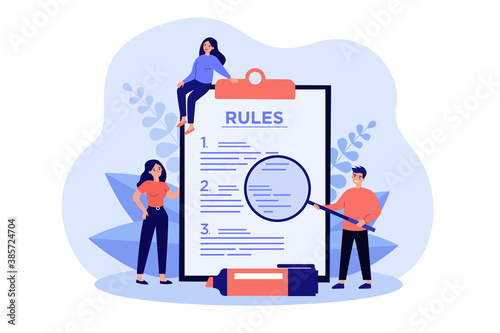 Tiny people learning information about terms and rules flat vector illustration. Cartoon simple checklist with company guidance. Information security and education concept photo