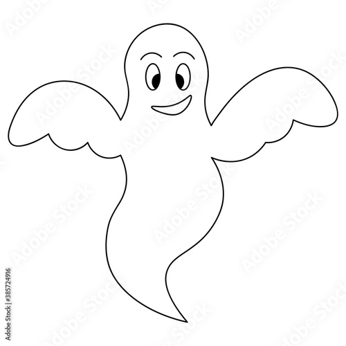 Ghost. Sketch. Spirit. Grinning facial expression. Vector illustration. Coloring book for children. Outline on an isolated white background. Doodle style. Bringing. Halloween symbol. Nice grimace. 